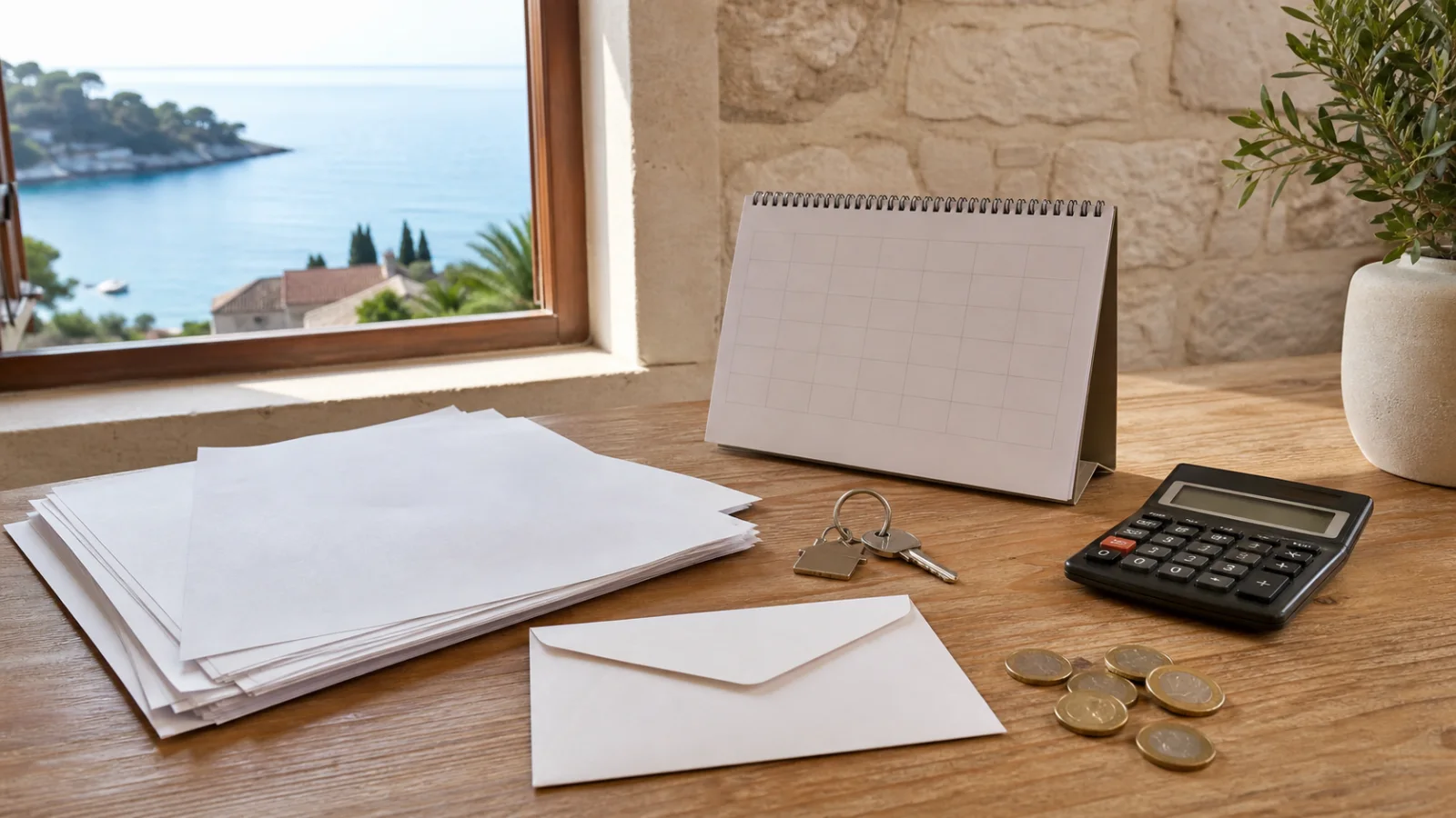 Unterlagen zu einer kroatischen Immobilie, Kalender, Rechner und Briefumschlag liegen geordnet auf einem Tisch