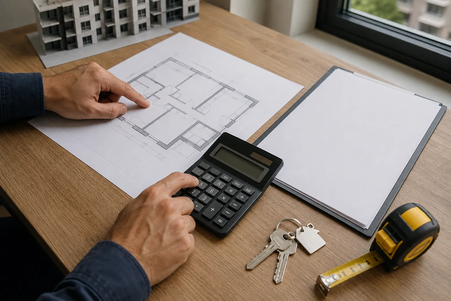 Hände prüfen symbolisch Grundriss, Taschenrechner und Schlüssel einer neuen Wohnung