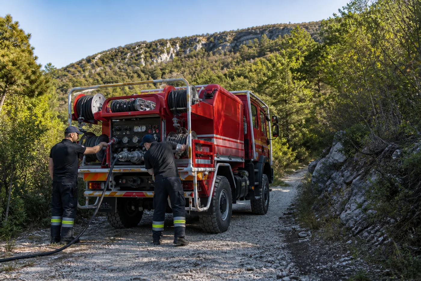 Feuerwehrleute bedienen die Pumpe eines Allrad-Löschfahrzeugs auf einem Waldweg