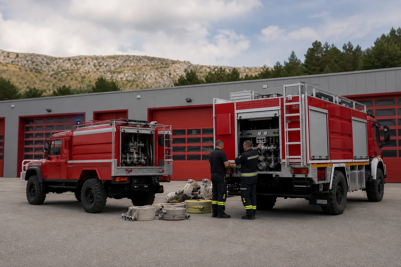 Ein kompaktes und ein größeres Waldbrandfahrzeug stehen mit geöffneten Pumpenfächern nebeneinander