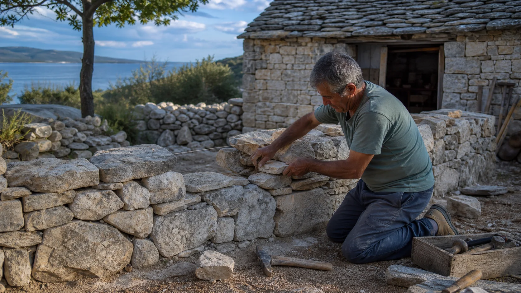 Handwerker repariert eine traditionelle kroatische Trockenmauer