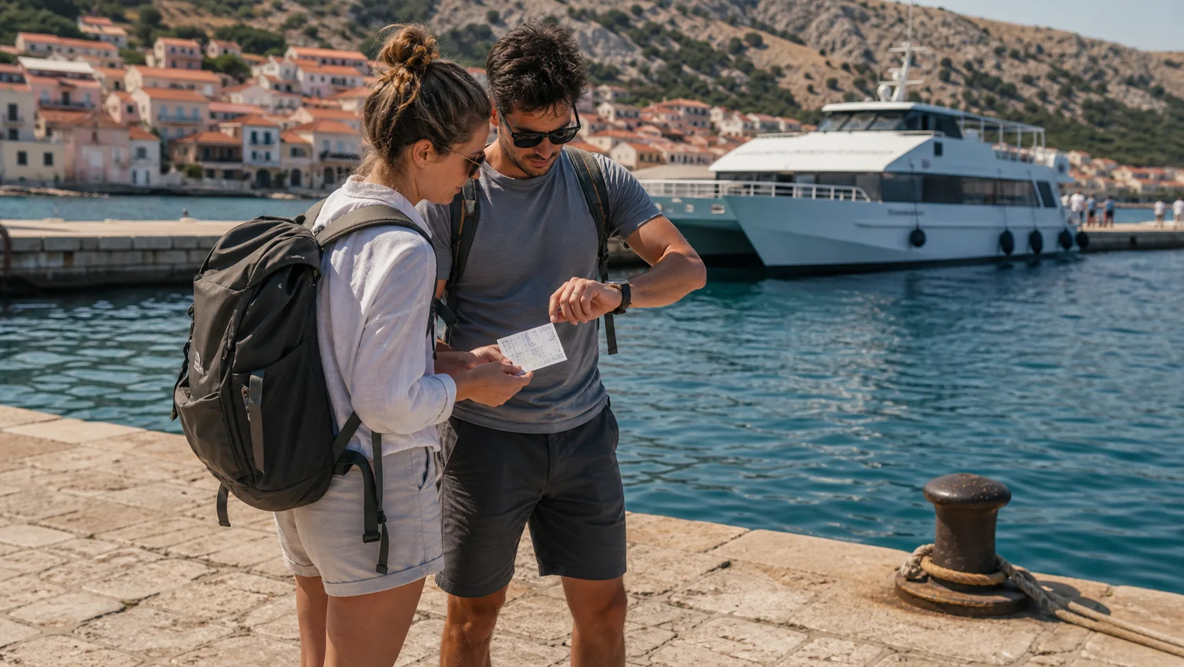 Reisende prüfen im Hafen von Baška Ticket und Rückfahrzeit