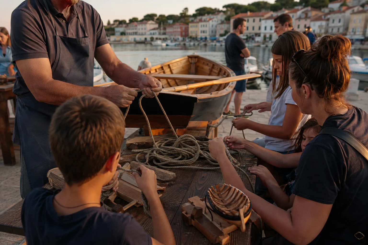 Kinder und Erwachsene üben an einem Holztisch Knoten und traditionelle maritime Fertigkeiten
