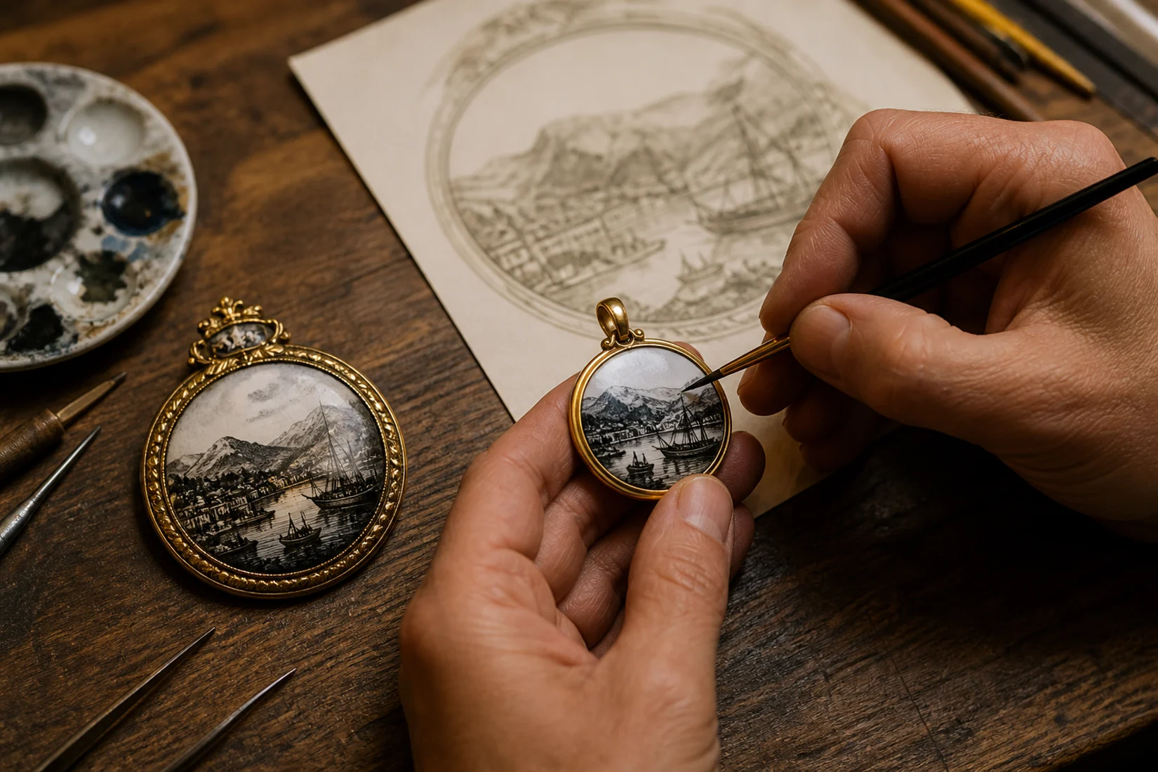 Hände arbeiten mit feinem Pinsel an einem kleinen historischen Schmuckstück in Goldfassung
