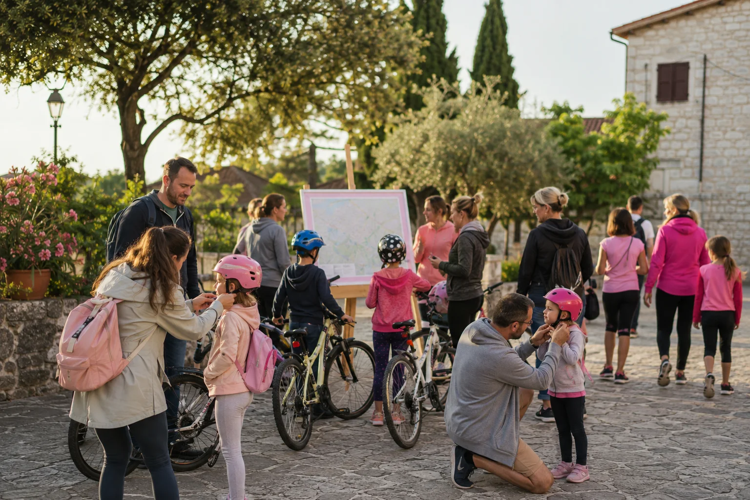 Familien bereiten Fahrräder und einen gemeinsamen Spaziergang in einem istrischen Dorf vor