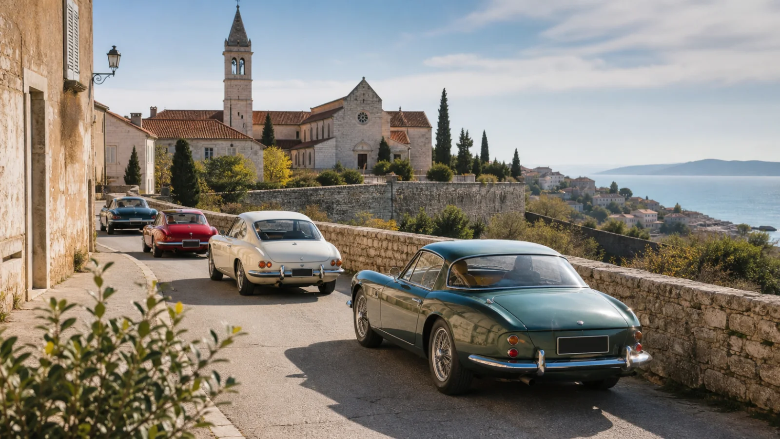 Vier historische Automobile fahren langsam in einem geordneten Konvoi durch die dalmatinische Landschaft
