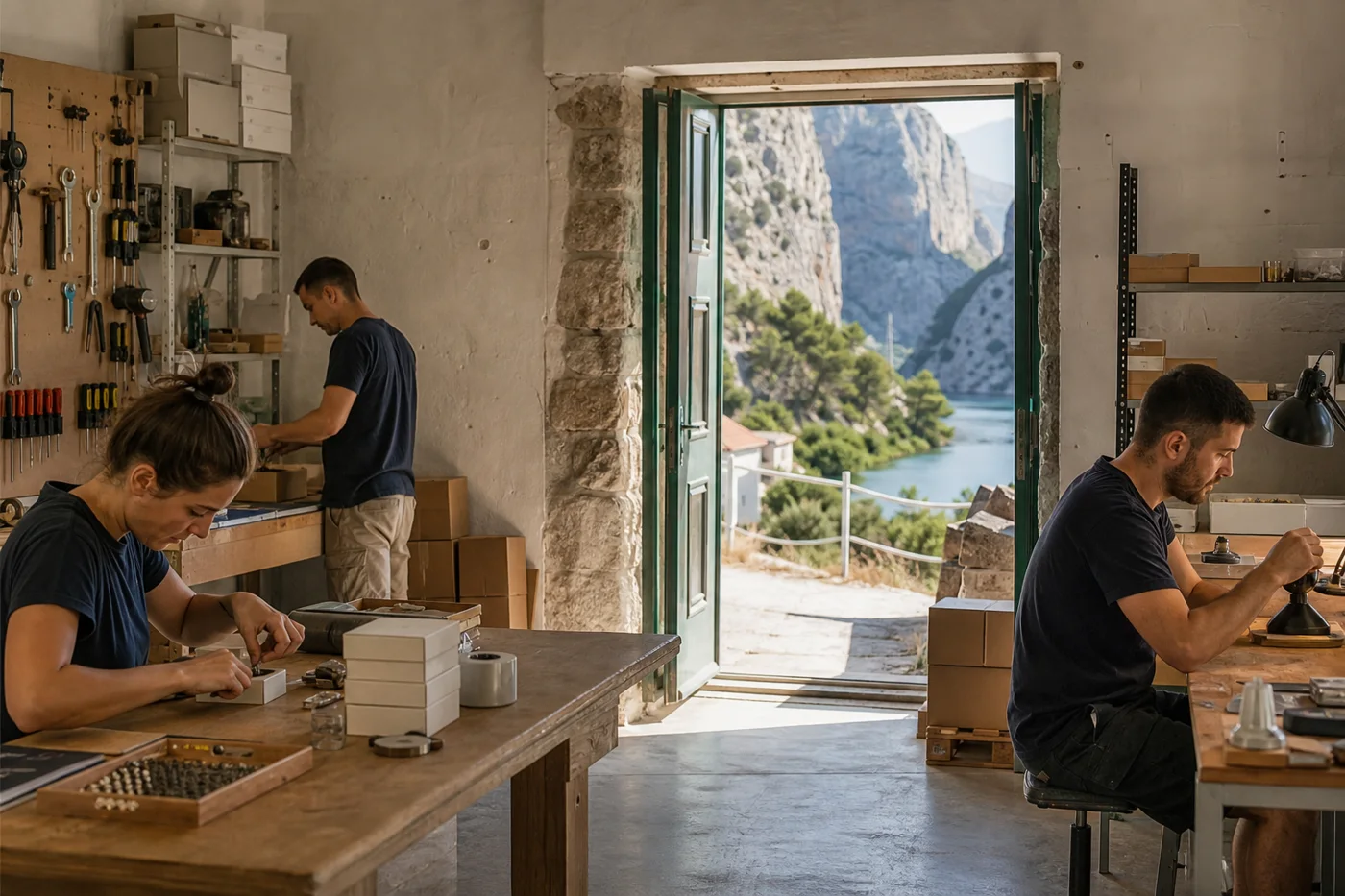 Drei Beschäftigte arbeiten wieder in einer kleinen Werkstatt bei Omiš