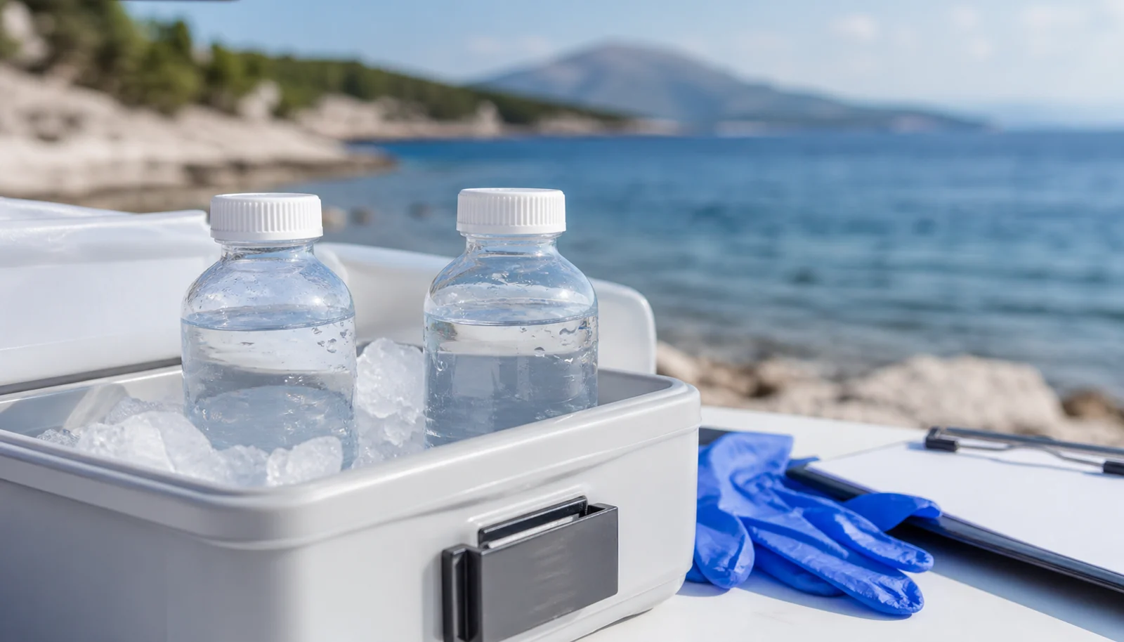Versiegelte Meerwasserproben stehen gekühlt vor der Küste von Pelješac bereit