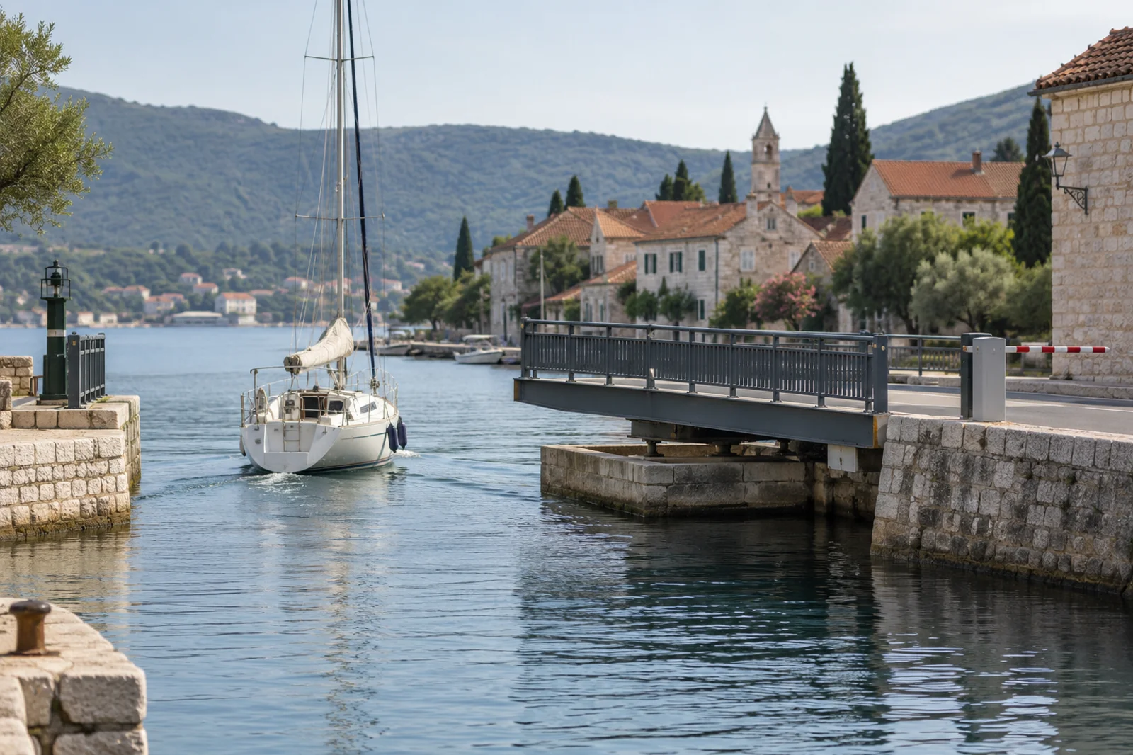 Eine geöffnete Drehbrücke lässt ein Boot durch einen schmalen Kanal passieren
