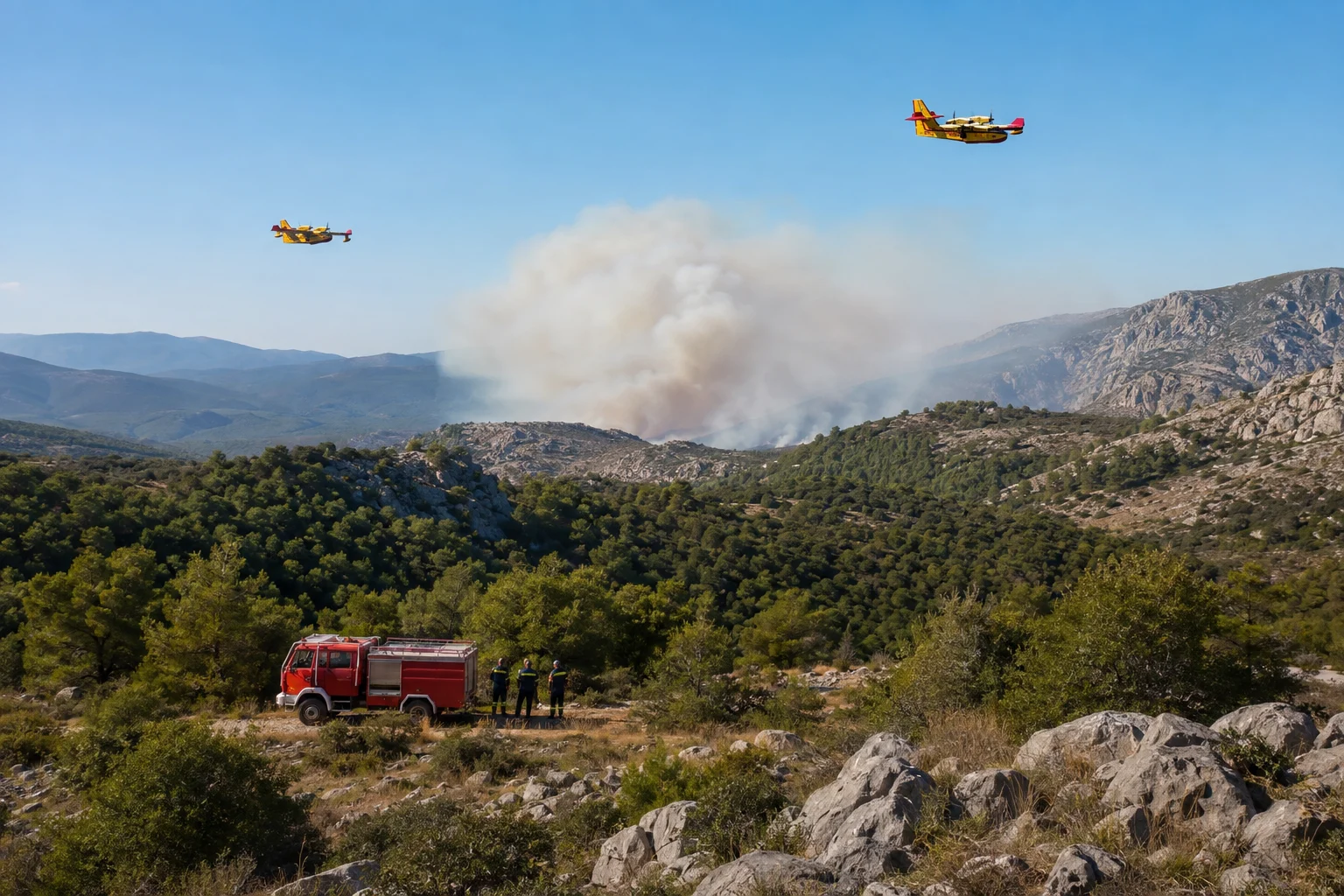 Zwei Löschflugzeuge fliegen über einer Rauchfahne, während Feuerwehrkräfte den Hang beobachten