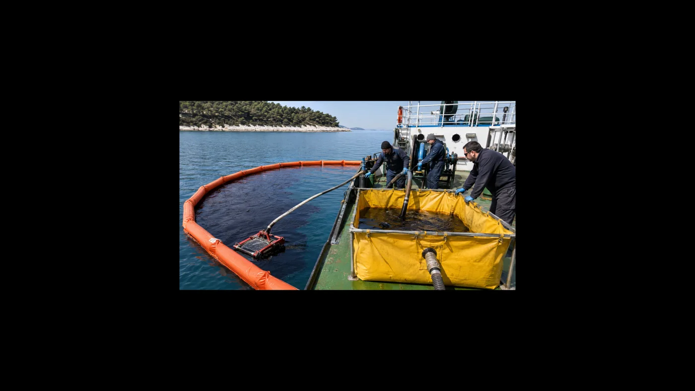Eine Mannschaft bedient bei einer Übung Skimmer und Sammelschläuche innerhalb einer schwimmenden Sperre