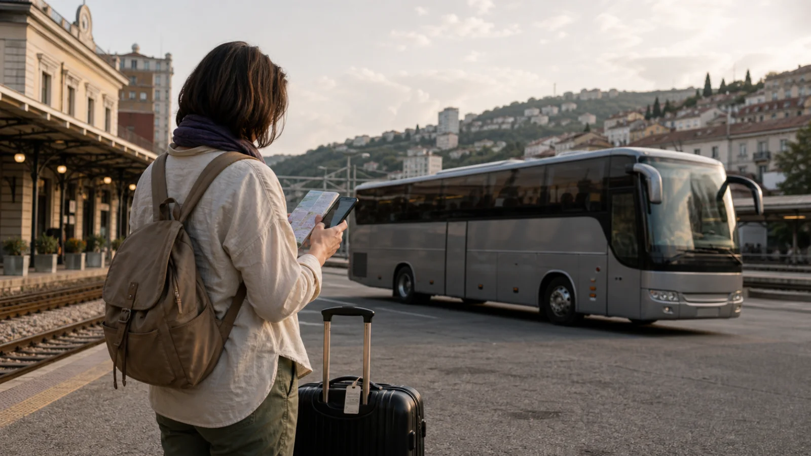 Eine Person prüft mit Gepäck am Bahnhof ihre Reiseverbindung; im Hintergrund steht ein Bus