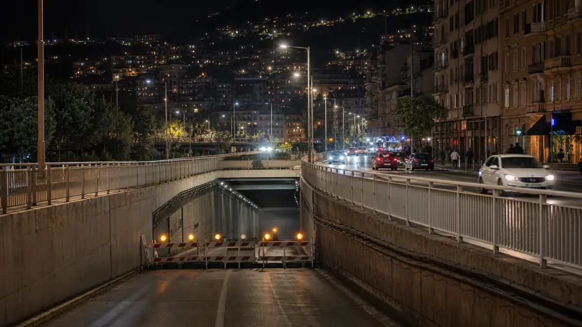 Während ein Unterpass gesperrt ist, fahren Autos über die obere Straße