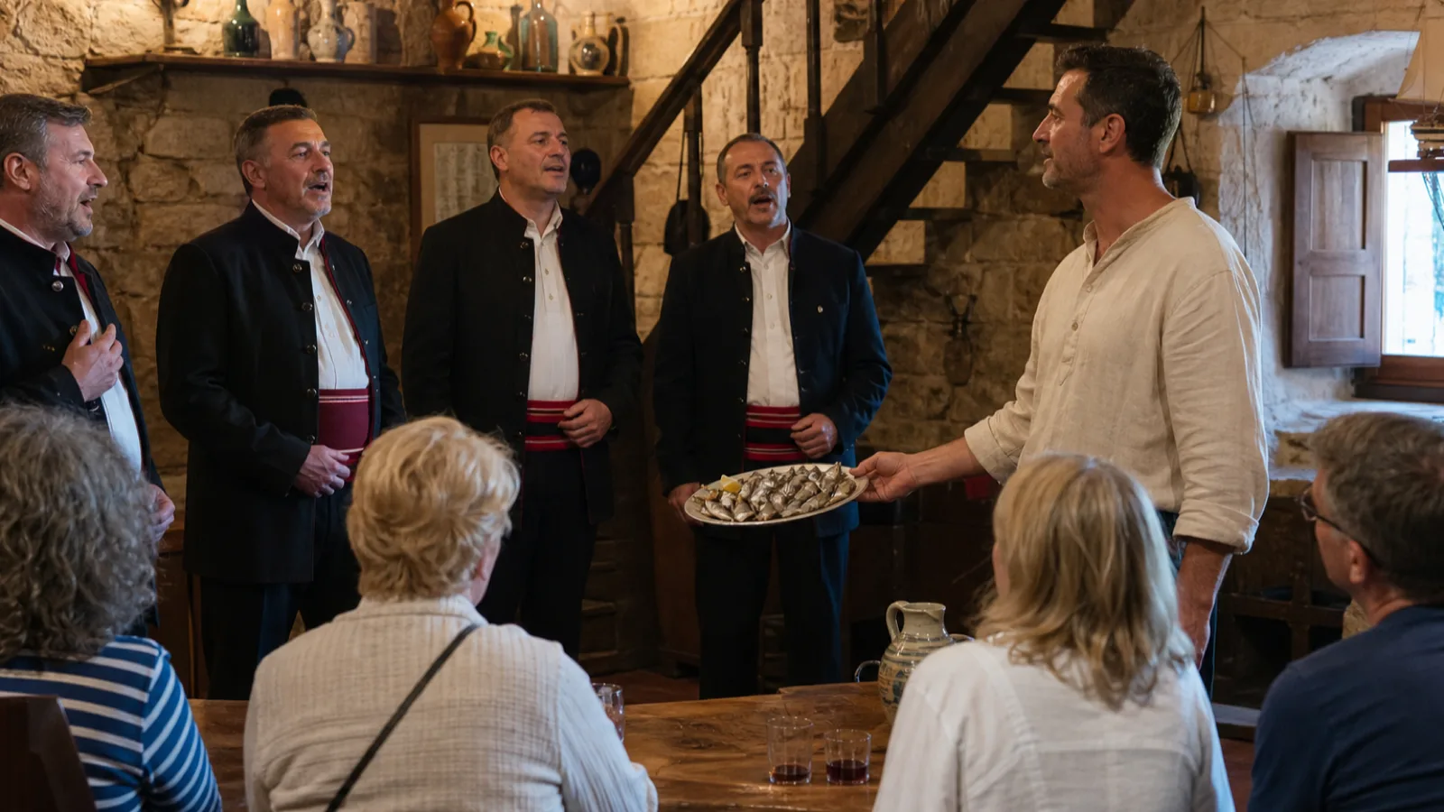 Lokale Sänger führen Besuchern in einem Rovinj-Steinhaus Bitinade vor