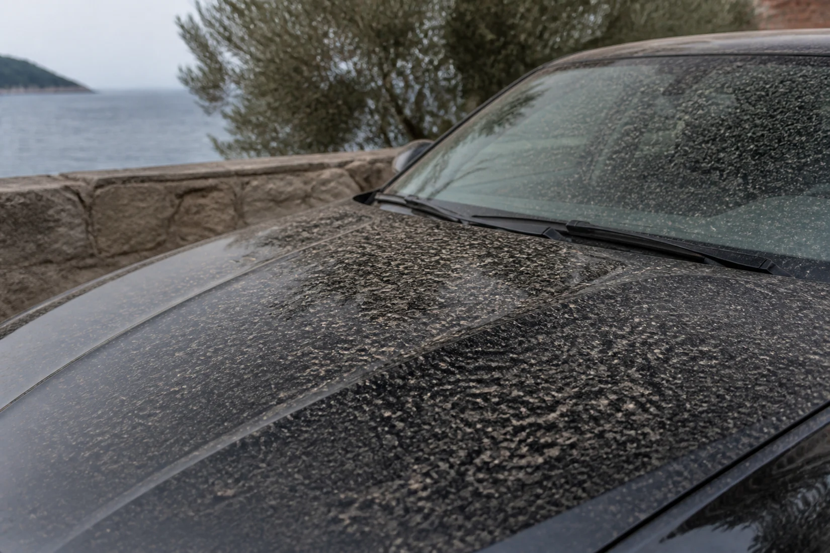 Beige Mineralstaubspuren liegen nach leichtem Regen auf Motorhaube und Windschutzscheibe