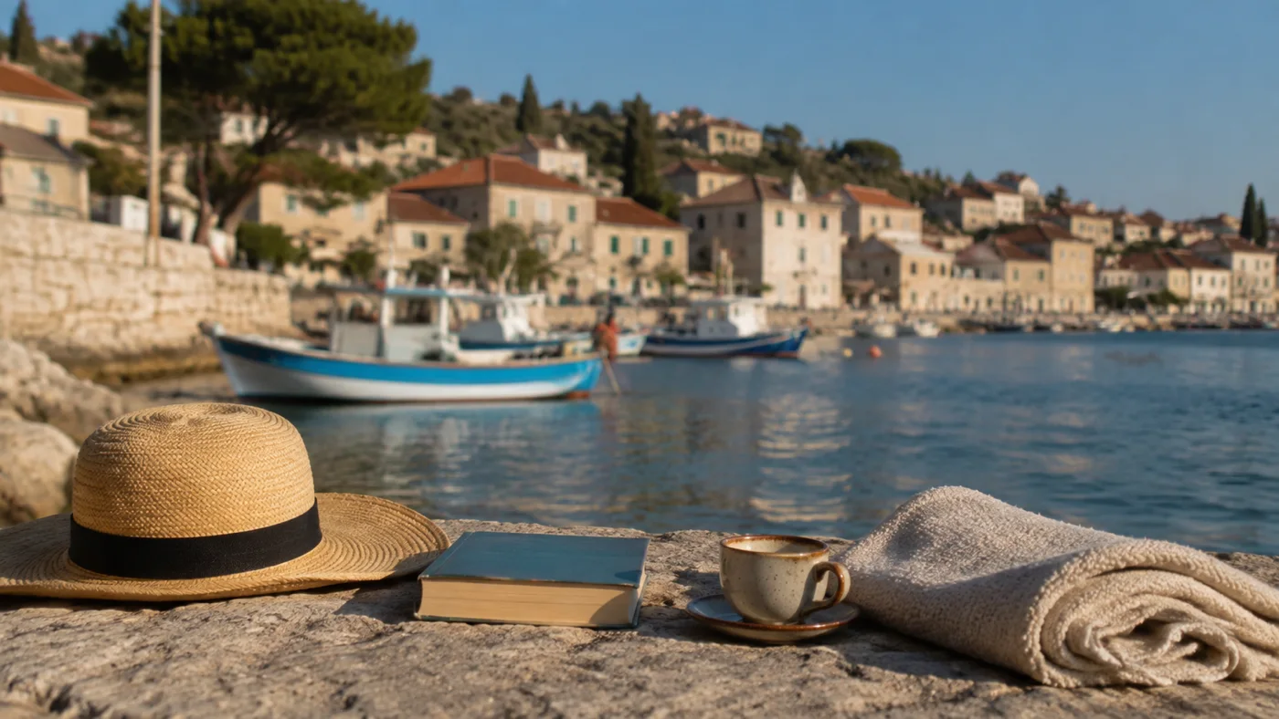 Hut, Buch und Kaffeetasse liegen an einem ruhigen Platz mit Blick auf Salis Hafen