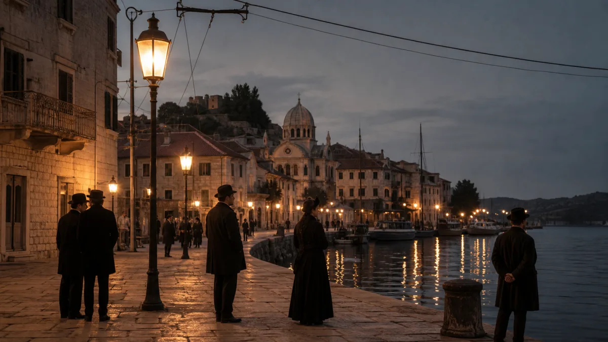 Historische Visualisierung elektrisch beleuchteter Straßen in Šibenik um 1895