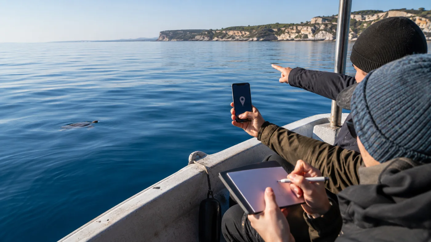 Beobachter notieren von einem kleinen Boot aus Position und Richtung einer entfernten Meeresschildkröte