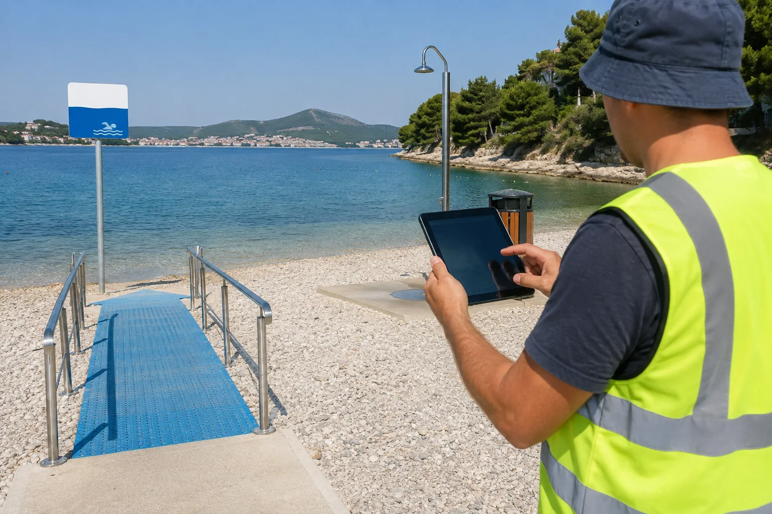 Eine Fachkraft erfasst an einem Strand Zugang, Beschilderung und Ausstattung auf einem Tablet