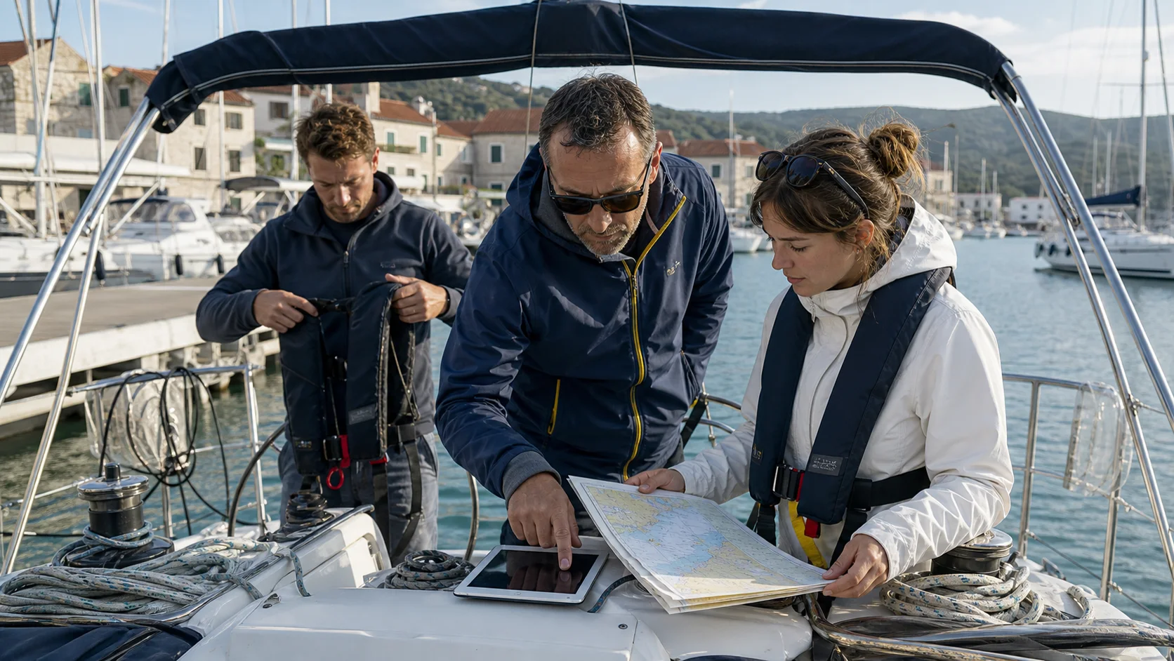 Crew prüft vor dem Ablegen Rettungswesten, Seekarte und Wetter