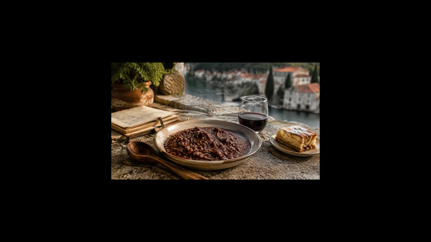 Dunkles Skradiner Risotto, Rotwein und ein Stück traditioneller Kuchen auf einer Steinterrasse