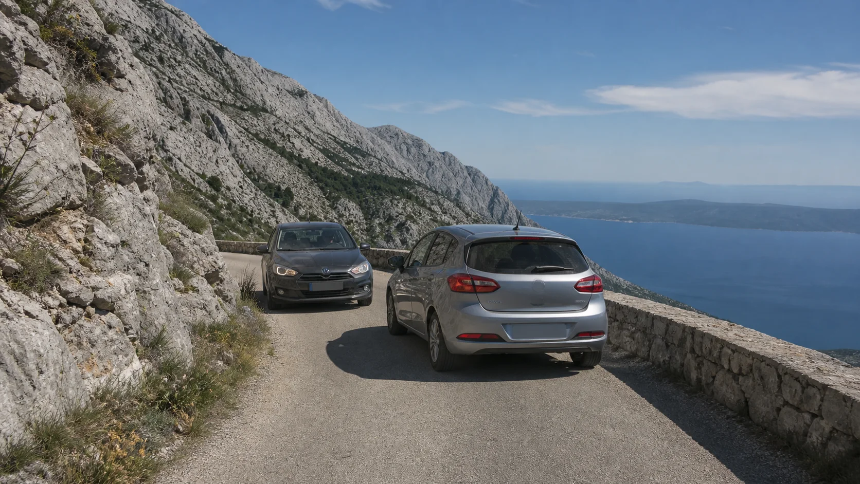 Zwei Autos begegnen sich an einer Ausweichstelle der Biokovo-Bergstraße