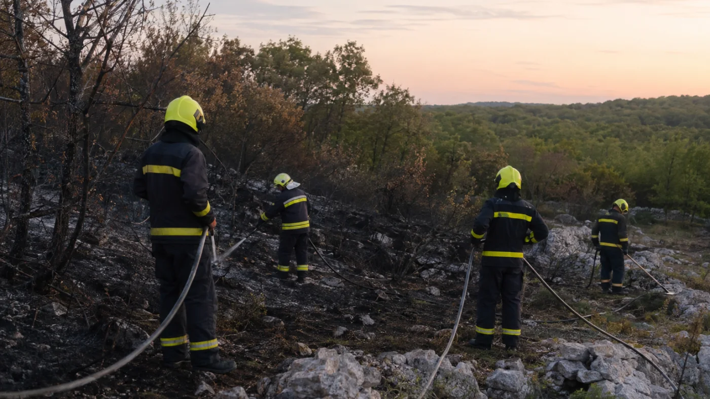 Feuerwehrleute prüfen eine abgebrannte Vegetationsfläche auf verbliebene Glut