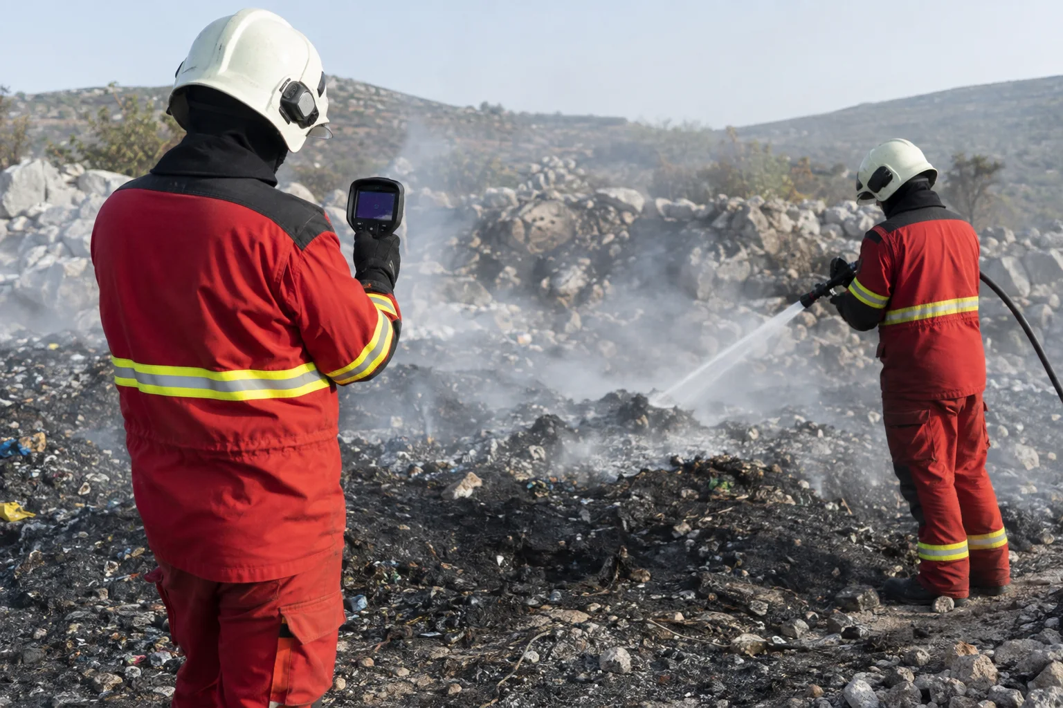 Zwei Feuerwehrleute prüfen und kühlen rauchende Glutnester auf einem Deponiegelände