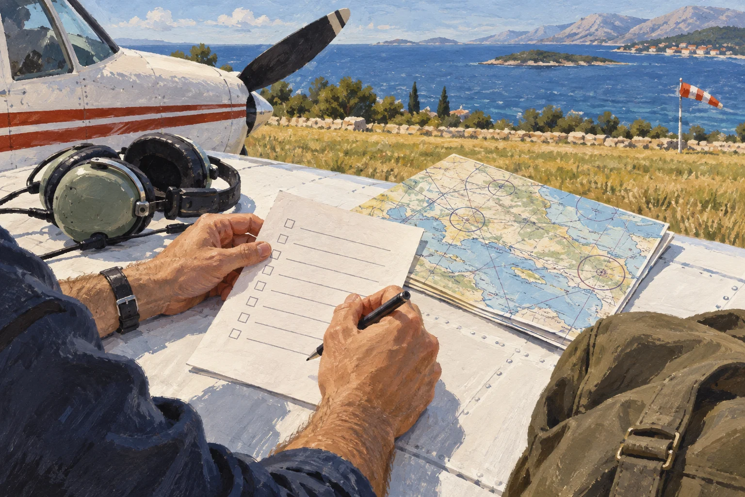 Illustration einer Pilotin oder eines Piloten bei der Vorbereitung eines Inselanflugs