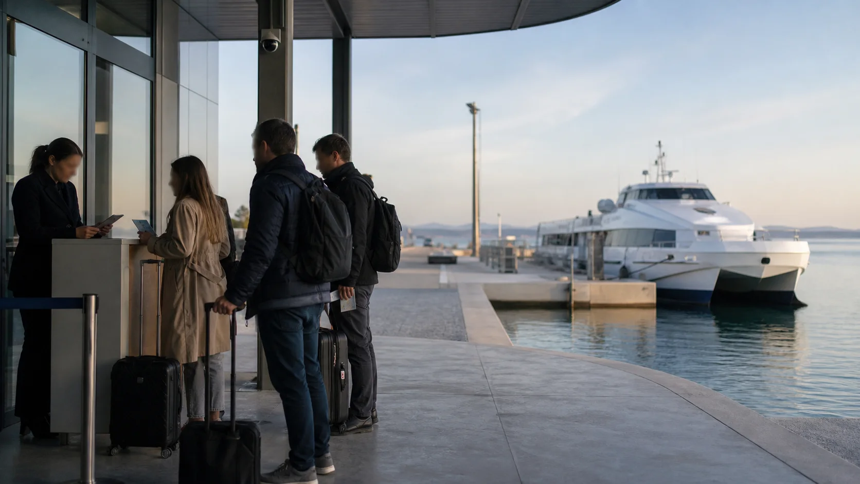 Passagiere mit Handgepäck beim internationalen Check-in in Zadar-Gaženica
