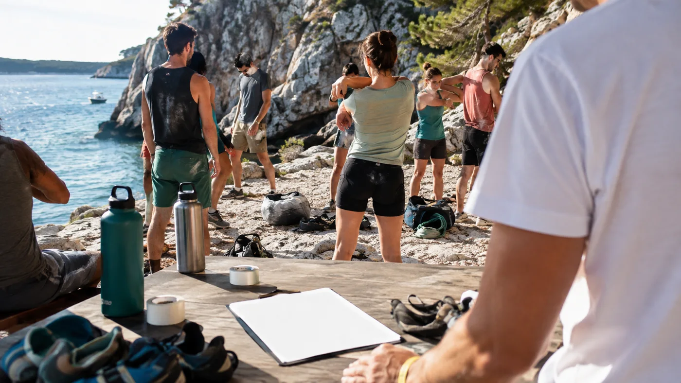 Kletternde wärmen sich mit Schuhen und Trinkflaschen am Meer auf, während eine Anmeldung vorbereitet wird