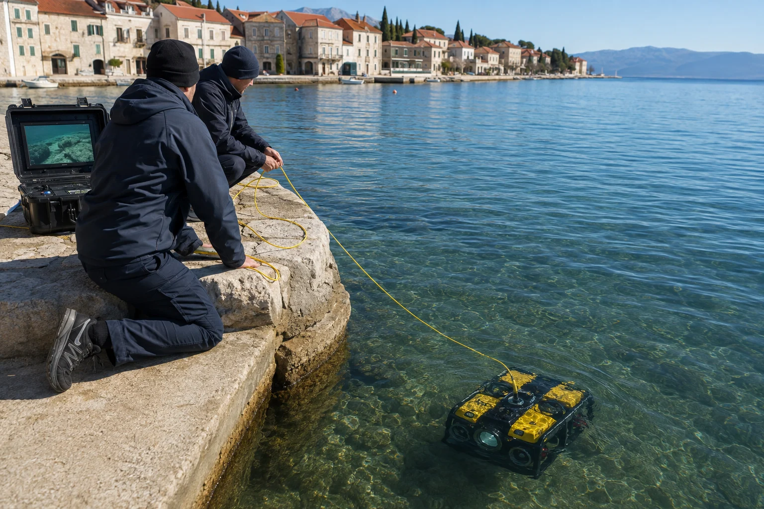 Techniker steuern einen kabelgebundenen Unterwasserroboter in einer symbolisch dargestellten Adriabucht