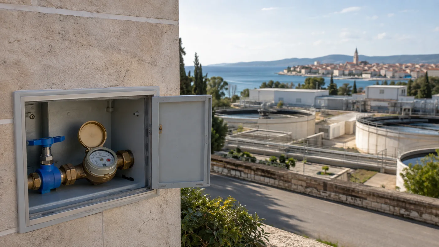 Ein Wasserzähler steht im Vordergrund, dahinter ist eine moderne Abwasseranlage von Zadar zu sehen