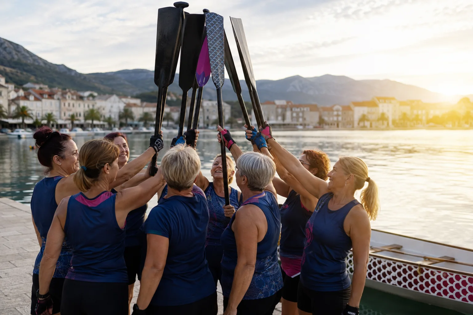 Ein Dragonboat-Team hebt nach dem Training gemeinsam die Paddel am Ufer