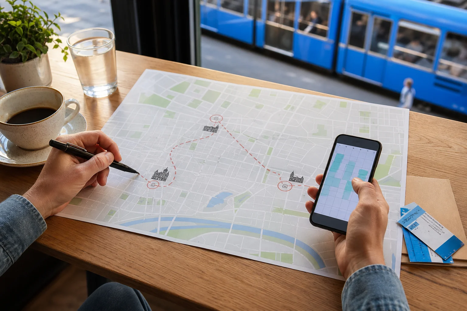 Hände planen mit Stadtplan und Smartphone eine Route zwischen Zagreber Museen
