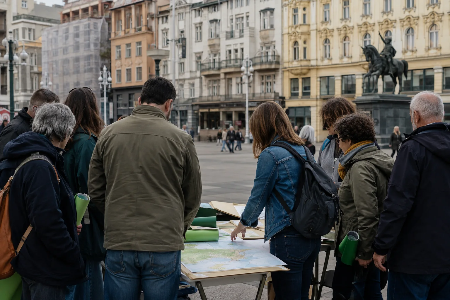 Vertreter mehrerer Umweltinitiativen beraten nach einer Kundgebung auf einem Zagreber Platz