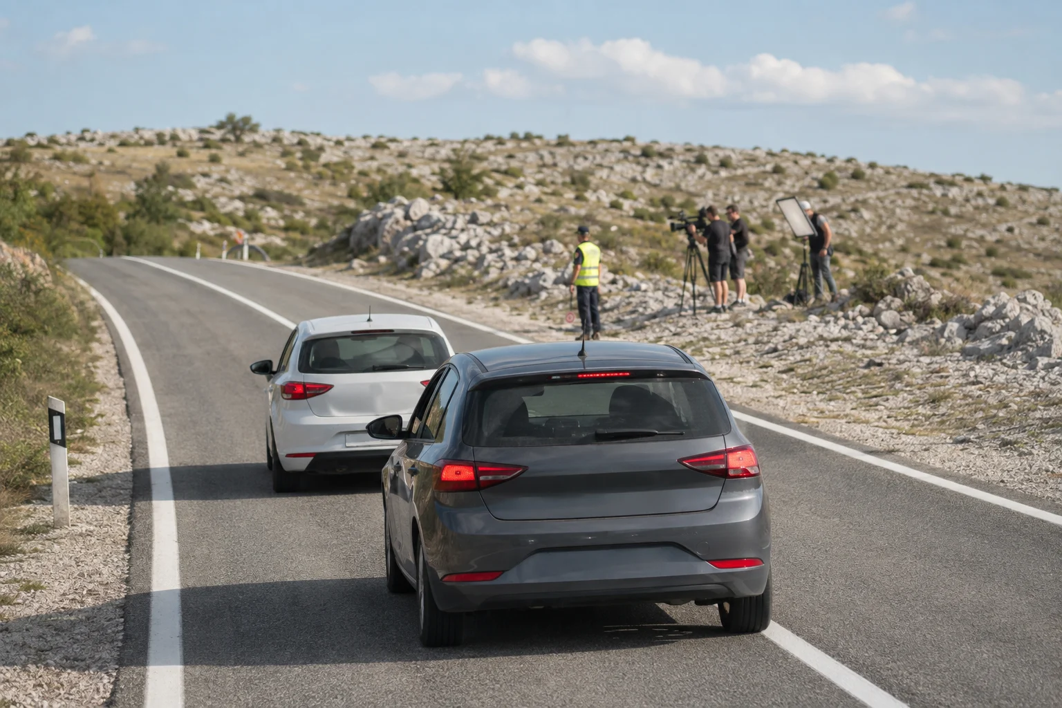 Zwei Autos warten ruhig, während eine Filmcrew an einer norddalmatinischen Karststraße arbeitet