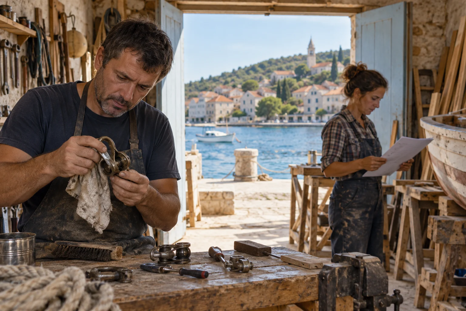Zwei Erwachsene arbeiten in einer kleinen Werkstatt mit Blick auf einen Adriatischen Inselhafen