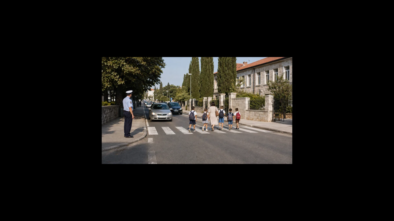 Schulkinder gehen mit einer erwachsenen Begleitung über einen Zebrastreifen, während ein Polizist den Verkehr beobachtet