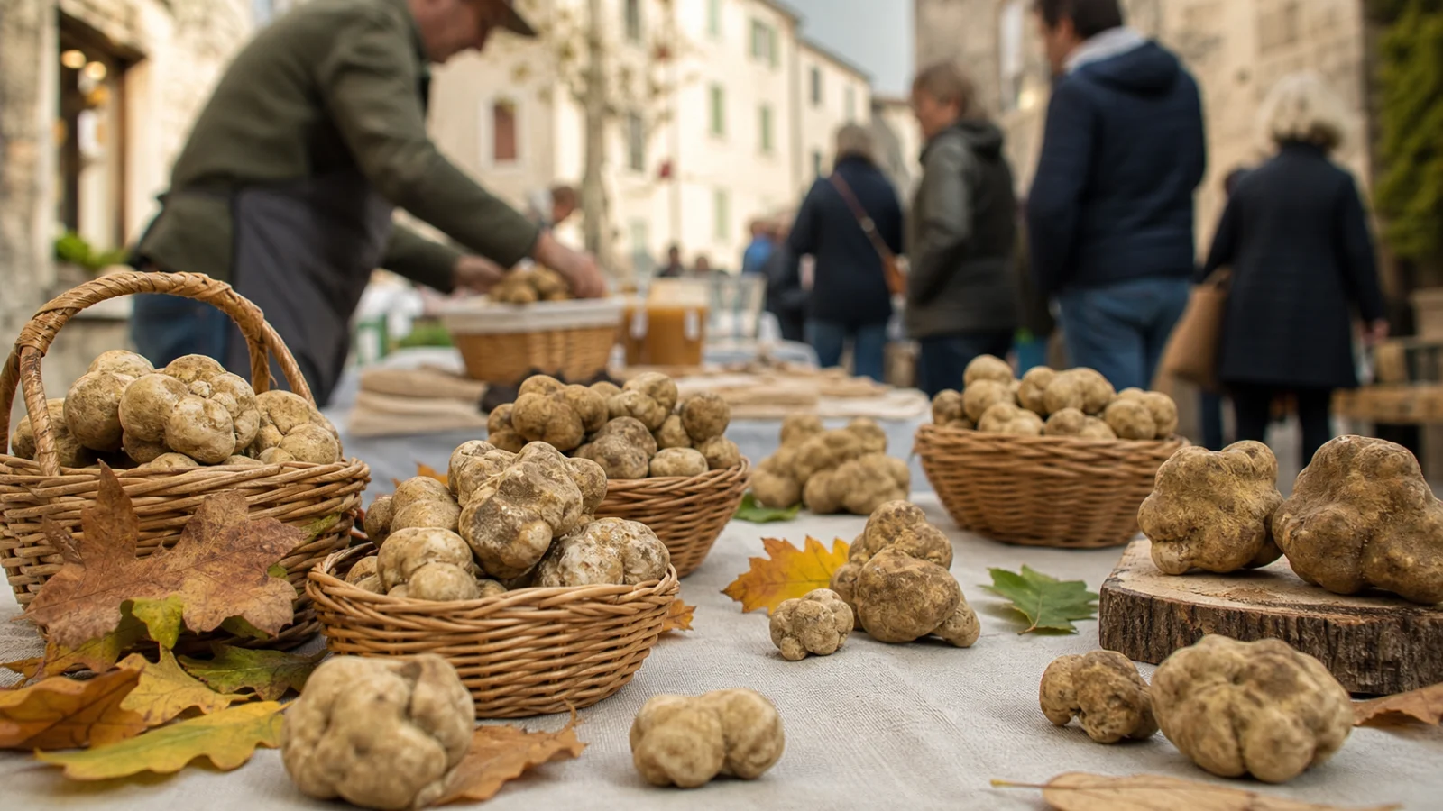 Frische weiße Trüffel werden auf einem herbstlichen Markt in einer istrischen Steinstadt präsentiert