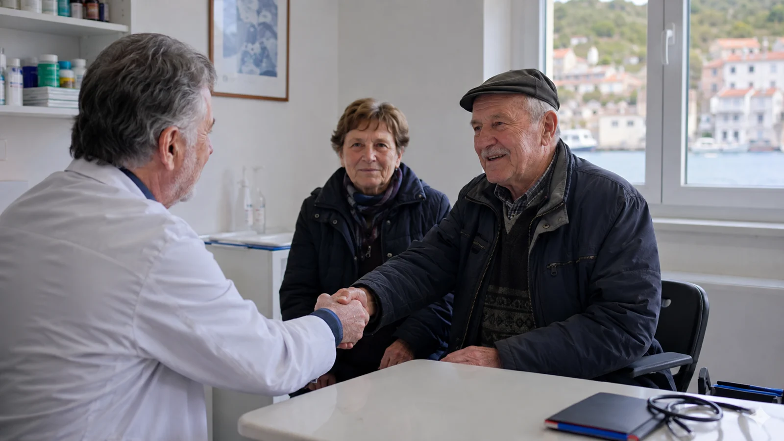 Ein medizinischer Mitarbeiter spricht in einer kleinen Inselpraxis mit zwei älteren Menschen