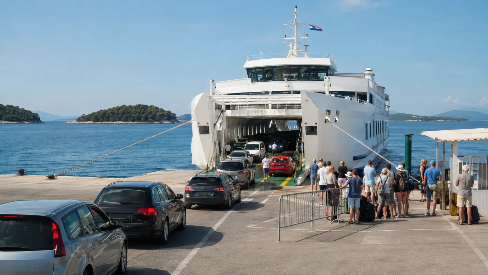 Autos und Fahrgäste werden geordnet auf eine große Autofähre in einem kroatischen Inselhafen geführt