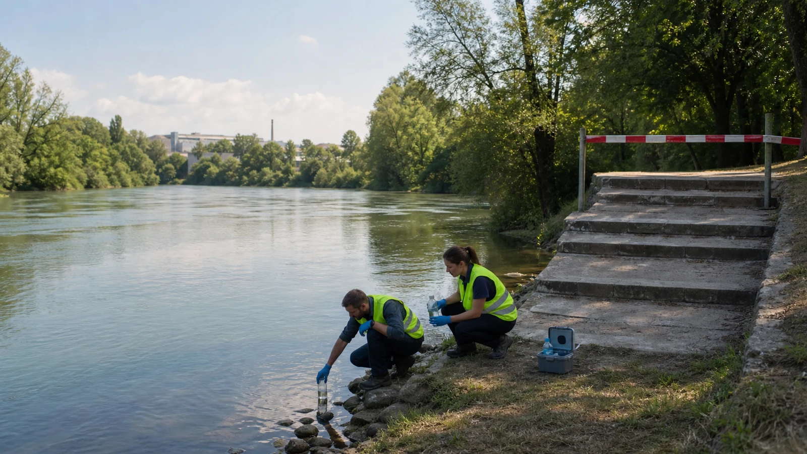 Fachleute nehmen an einem vorübergehend gesperrten Flusszugang Wasserproben