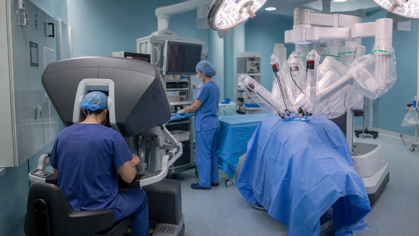 Ein chirurgisches Team arbeitet mit Konsole und robotischen Instrumenten in einem Operationssaal