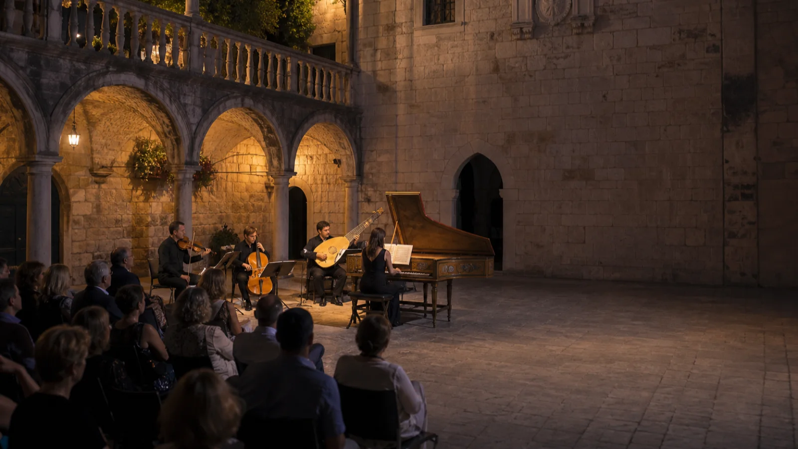 Ein Barockensemble spielt am Abend in einem historischen Steinhof auf Korčula