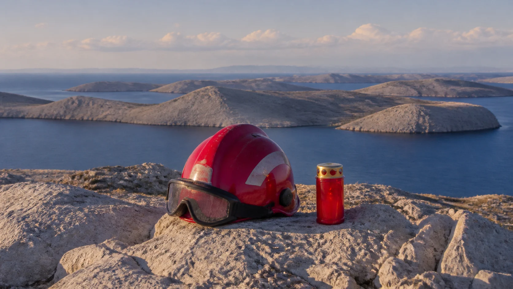 Ein roter Feuerwehrhelm und ein Gedenklicht liegen auf hellem Karstgestein vor den Kornaten