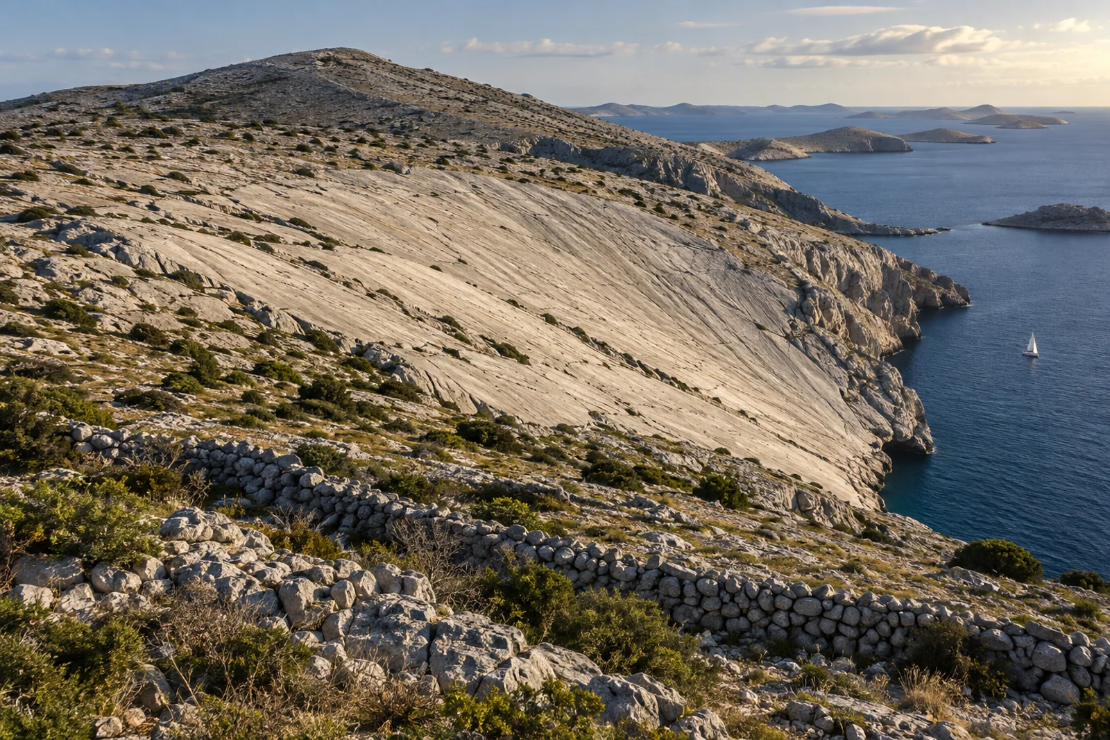 Große glatte Kalksteinfläche in einer kargen Kornati-Landschaft mit Trockenmauer und Meer