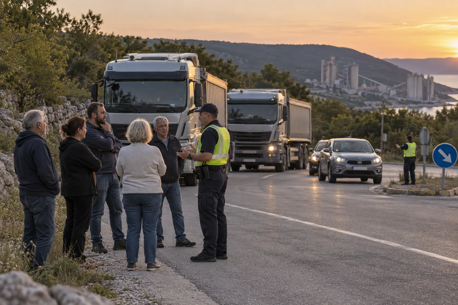 Friedlicher Bürgerprotest an einer Lastwagenroute mit einer Zementanlage in weiter Entfernung
