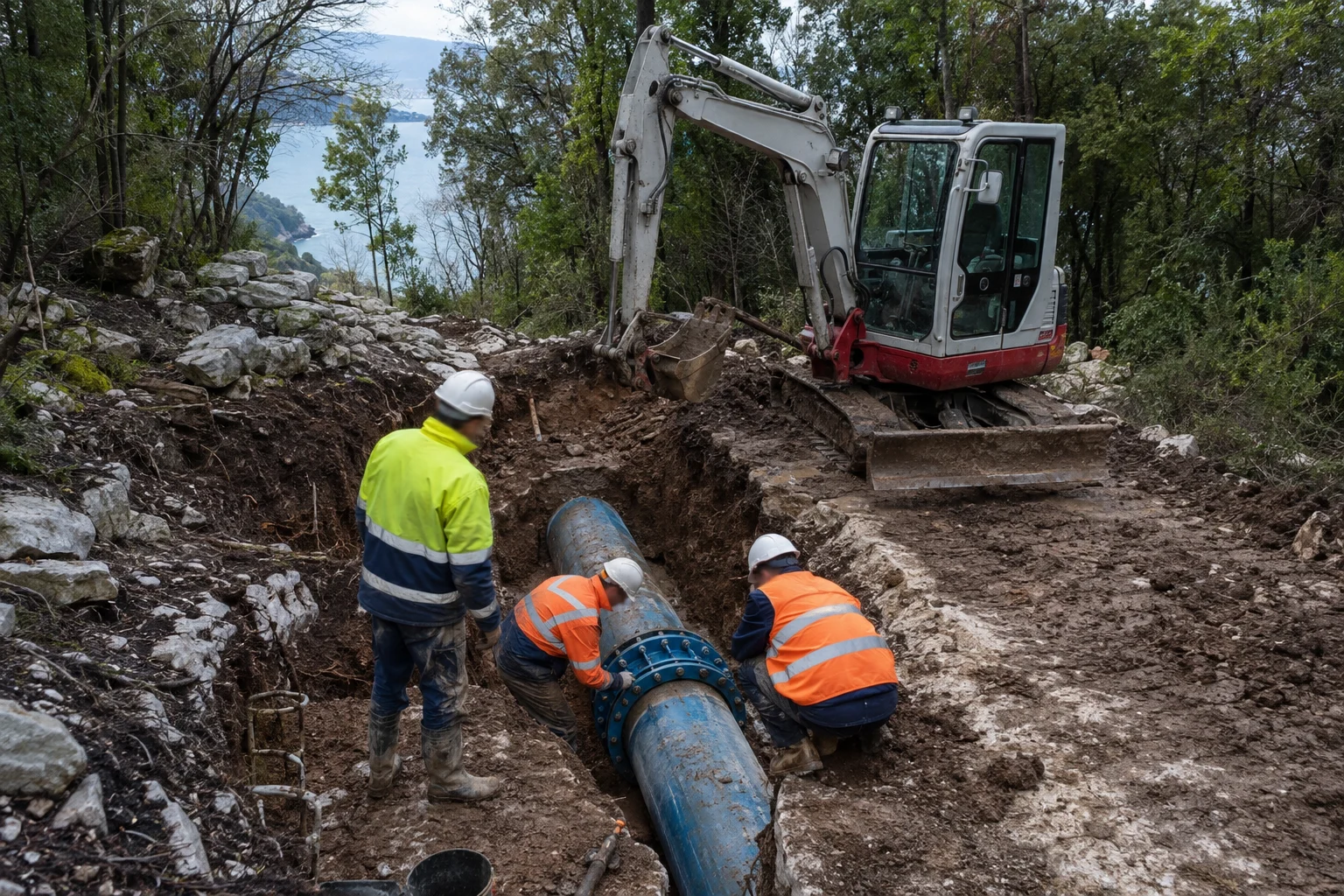 Ein Reparaturteam legt in schwierigem Waldgelände eine große Wasserleitung frei
