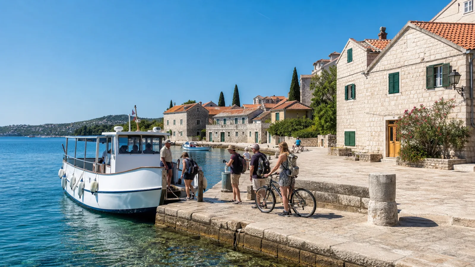 Tagesgäste steigen mit Rucksack und Fahrrad von einem kleinen Passagierboot auf Krapanj aus